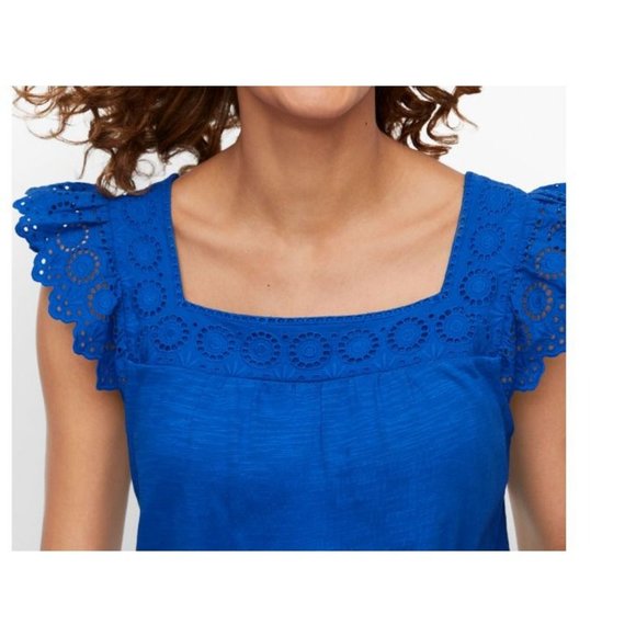 Talbots Dress M Medium Cobalt Blue Stretch Eyelet Slub Cotton Square Neck NEW - Picture 5 of 11